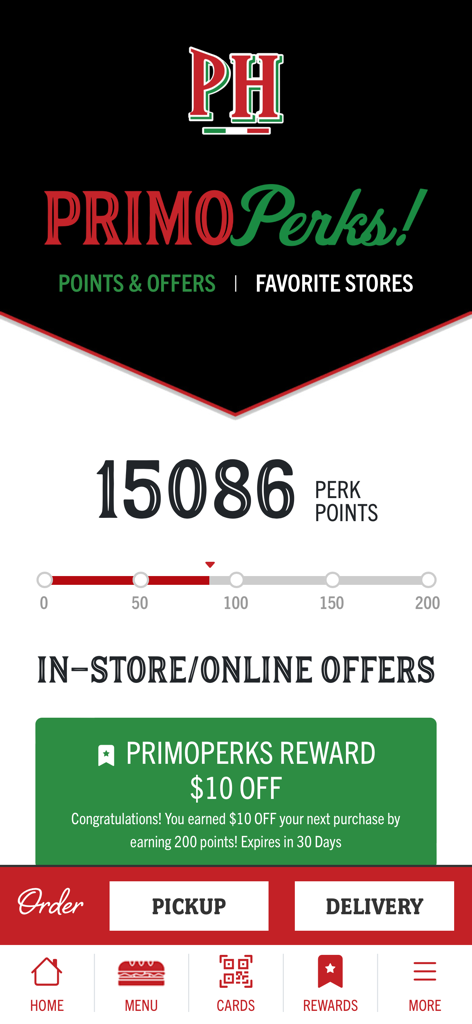 PrimoHoagies® - PrimoHoagies app rewards interface displaying loyalty points and a ten dollar discount reward