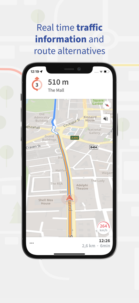 Sat Nav Maps, GPS & Traffic - Interfaz de la aplicación Mapas GPS mostrando información de tráfico en tiempo real y alternativas de ruta