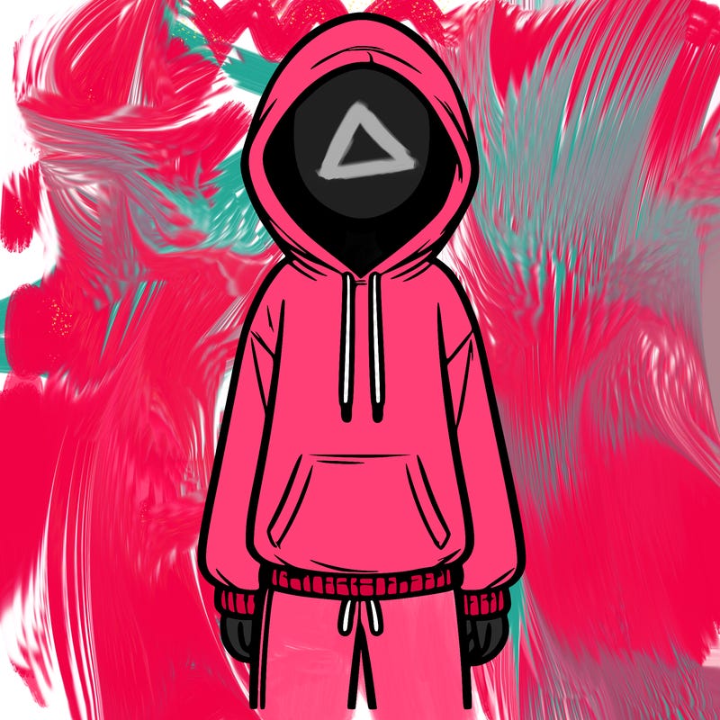 faceless girl in a tracksuit with a hood on and no hair