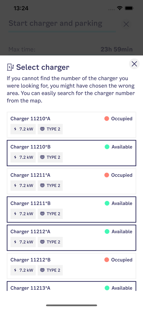 List of electric vehicle chargers in Oslo showing real-time availability and technical specifications.