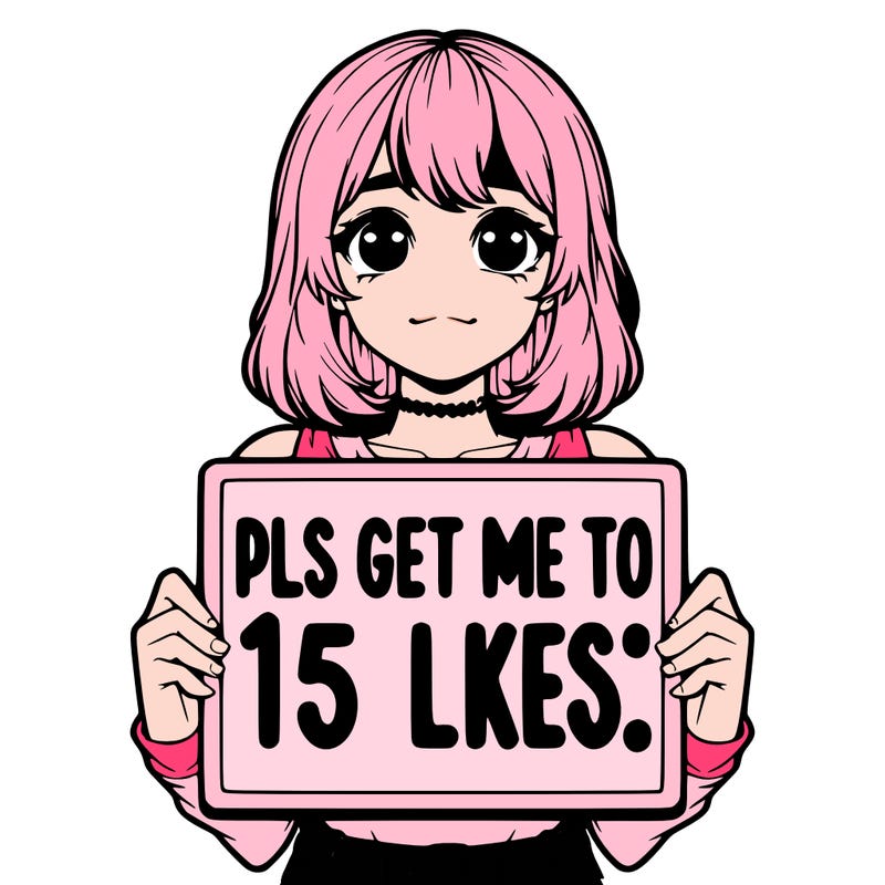 realistic girl holding up a sign that says “pls get me to 15 likes!”