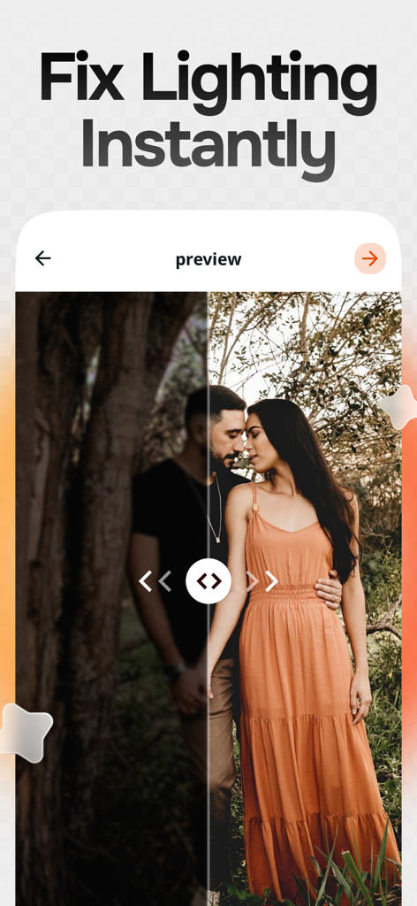 Citrus: AI 1 Tap Perfect Photo - Comparación de pantalla dividida de antes y después mostrando mejora instantánea de iluminación IA para un retrato oscuro