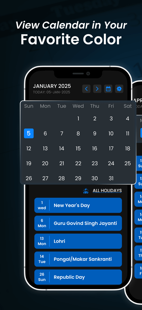 AllWorld: Holiday Calendar - Smartphone screen showing the AllWorld Holiday Calendar app with a blue color theme and a list of January 2025 holidays.