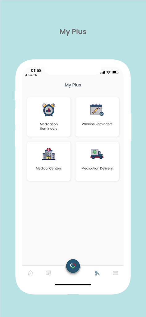 iHospital app screen showing services for medication reminders vaccine reminders medical centers and medication delivery