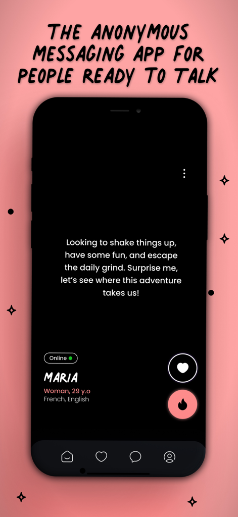 Hush anonymous messaging app profile screen showing a text first introduction