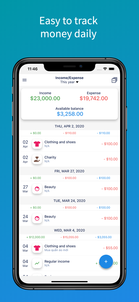 SmartMoney - Budget Planner - SmartMoney app interface showing a list of daily income and expenses with a total balance summary.