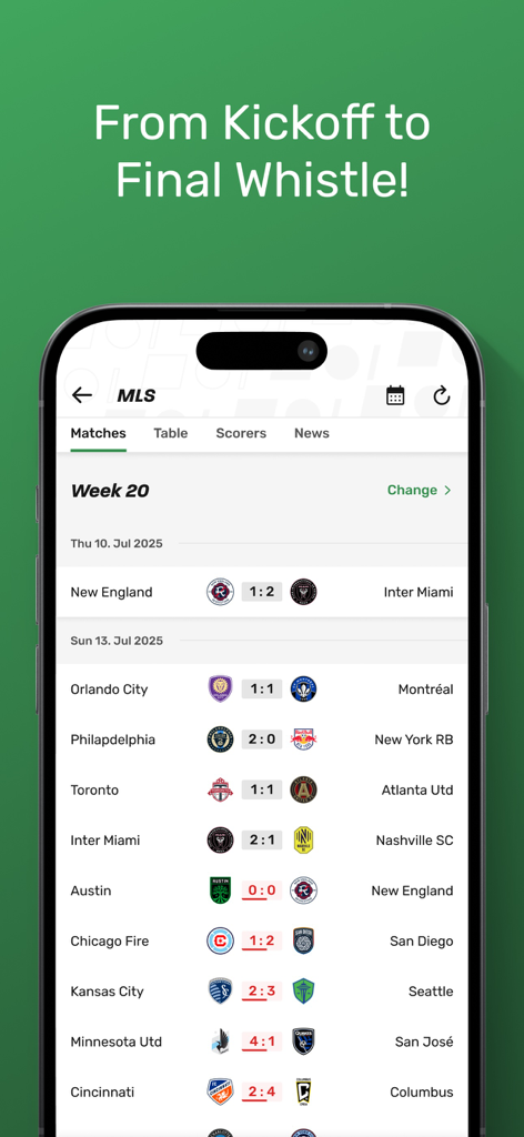 TorAlarm Live Scores - Screenshot der TorAlarm Mobile App, die MLS-Fußballergebnisse und -Spielpläne anzeigt
