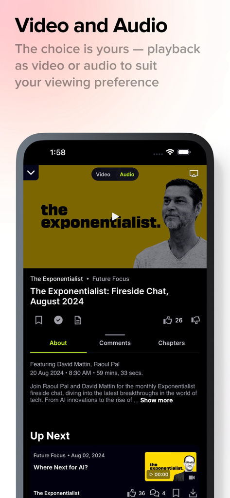 Real Vision - Real Vision mobile app interface showing video and audio playback options for financial interviews