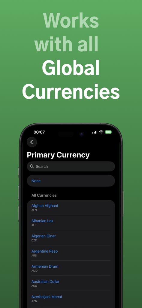 Timecostify: Cost in Time - Interface de l'application Timecostify pour sélectionner la devise principale dans une liste mondiale