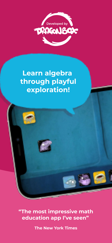 Una captura de pantalla de marketing para Kahoot Algebra by DragonBox que muestra la interfaz del juego en un teléfono con una cita de The New York Times.