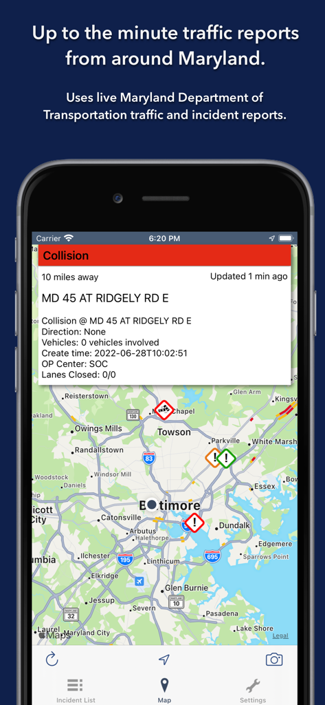Maryland Roads Traffic app showing a live incident report and traffic camera icons on a map.