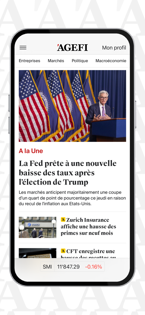 Interface de l'application mobile AGEFI Suisse affichant les titres de l'actualité financière et politique