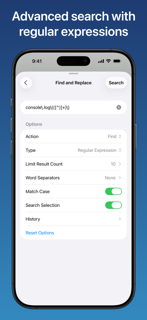Combine - Code Editor & Git - Interface of the Combine code editor showing advanced find and replace options with regular expressions on an iPhone