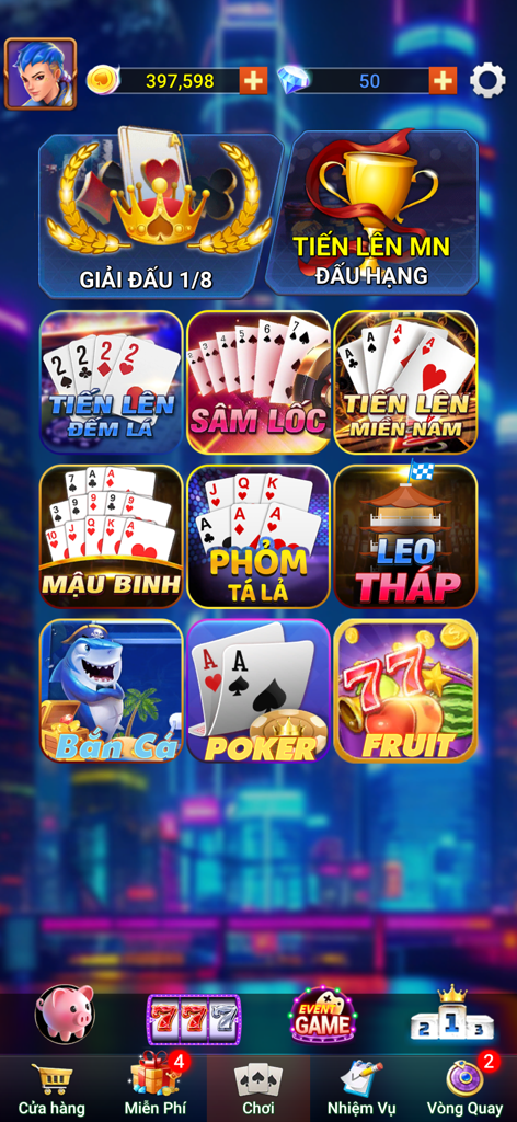 Tiến Lên Offline - Phỏm, Tá Lả - Pantalla del menú principal de la aplicación Tien Len Offline que muestra opciones de póker de juegos de cartas vietnamitas y tiro de peces