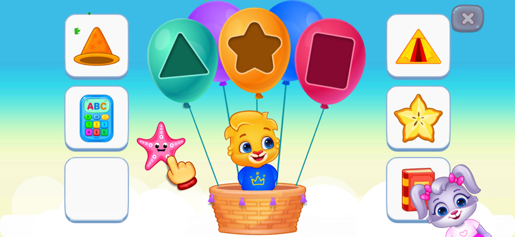 Colors & Shapes - Learn Color - Una pantalla de juego de emparejamiento para niños pequeños con un personaje de león y globos coloridos con formas geométricas.