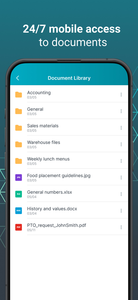 Smartphone screen showing the Beekeeper app Document Library with folders and files for frontline worker access