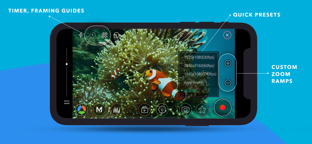 MoviePro app interface showing manual video recording controls, resolution presets, and custom zoom ramps.