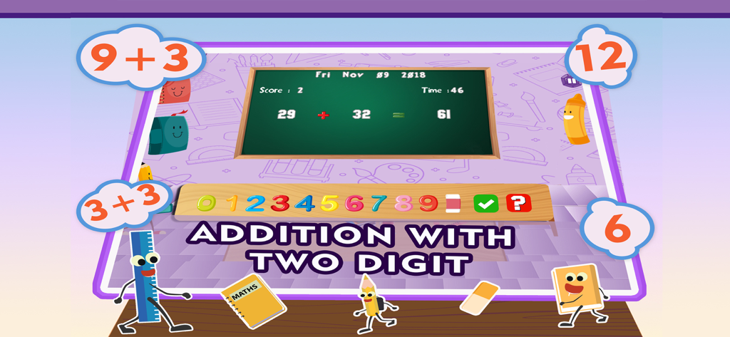 Math Addition Quiz Kids Games - Educational math app screen for children showing two digit addition problems on a virtual chalkboard with colorful animated school supplies.