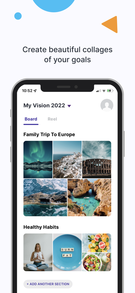 Visbo Dream Vision Board Maker - A digital vision board in the Visbo app displaying goal sections with photo collages for travel and wellness