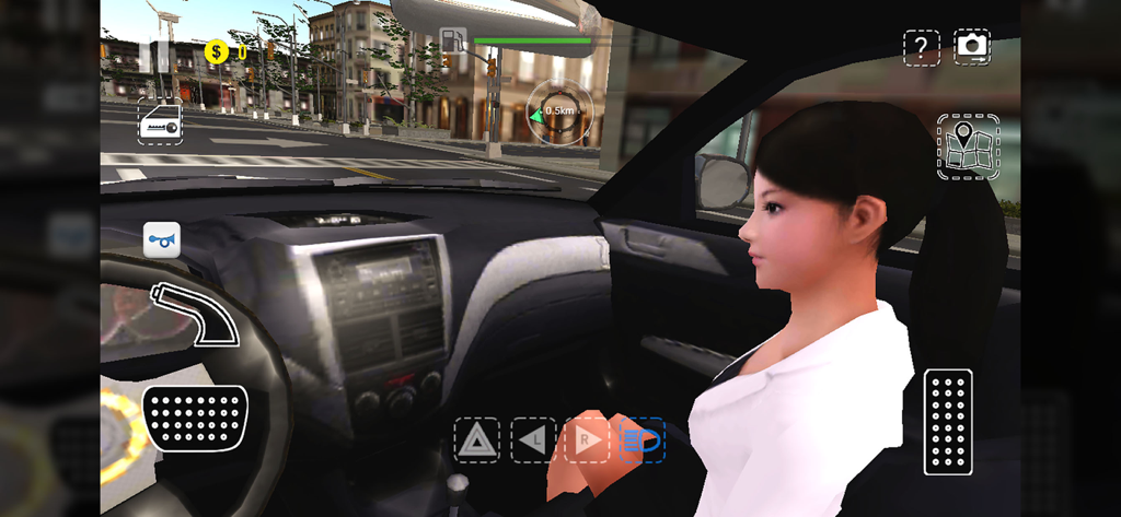 Urban Car Simulator - Vista de cabine em primeira pessoa do Urban Car Simulator mostrando o painel de instrumentos e um passageiro