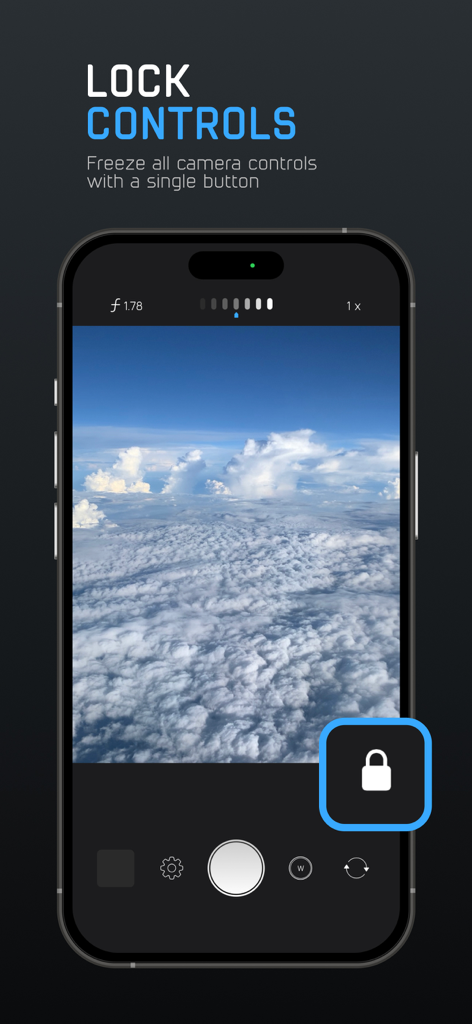 Schermata dello smartphone che mostra la funzione di blocco controlli dell'app ProCam per bloccare le impostazioni manuali della fotocamera