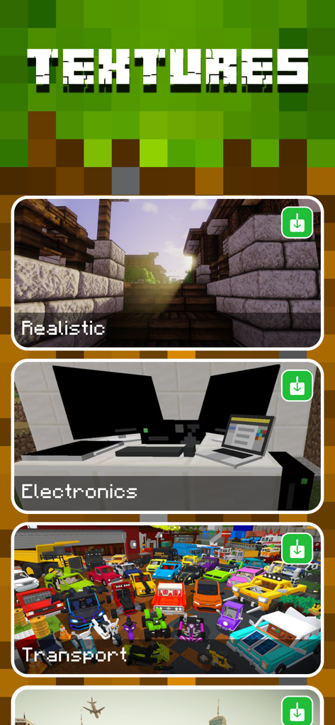 다운로드 버튼이 있는 사실적인 풍경, 전자 제품, 차량을 포함한 마인크래프트의 다양한 텍스처 팩을 보여주는 인터페이스