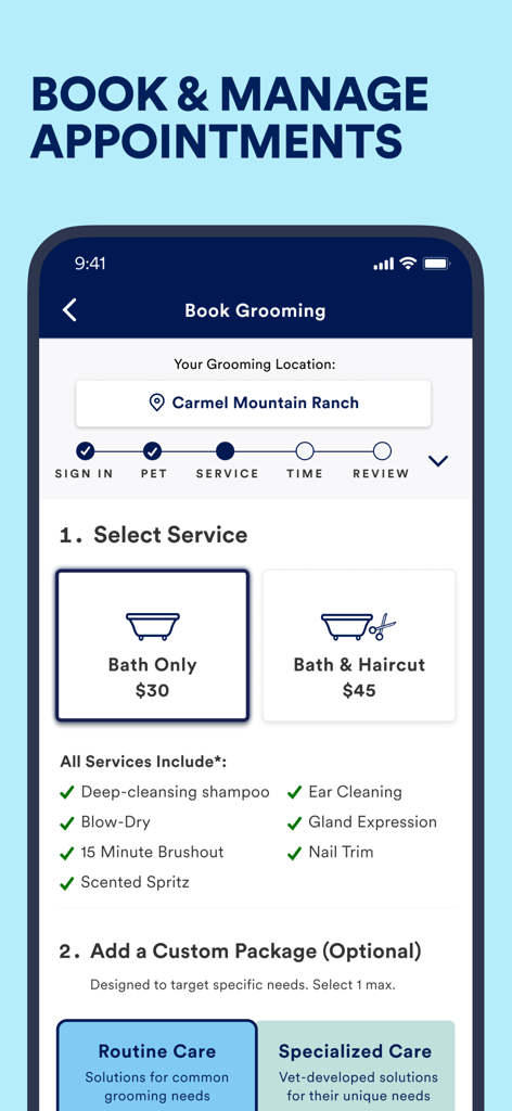 Petco: The Pet Parents Partner - Interface de aplicativo móvel para agendamento e gerenciamento de serviços de banho e tosa para pets com opções de banho e corte de pelo.