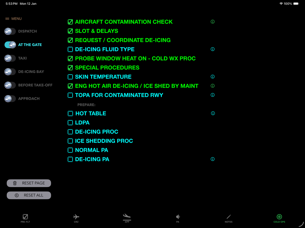A380 Clipboard - A380 Clipboard app showing a cold weather operations checklist for aircraft at the gate.
