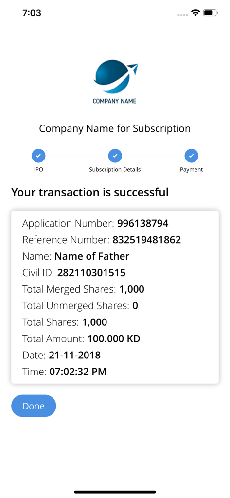 Successful IPO subscription transaction confirmation page in the IPO Kuwait mobile app.