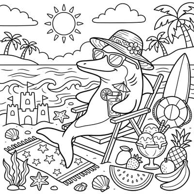 Dive into a fun summer vacation with our unique Ichthyosaurus coloring page! This cool prehistoric creature is ready for a relaxing beach day, complete with refreshing drinks and tasty treats.