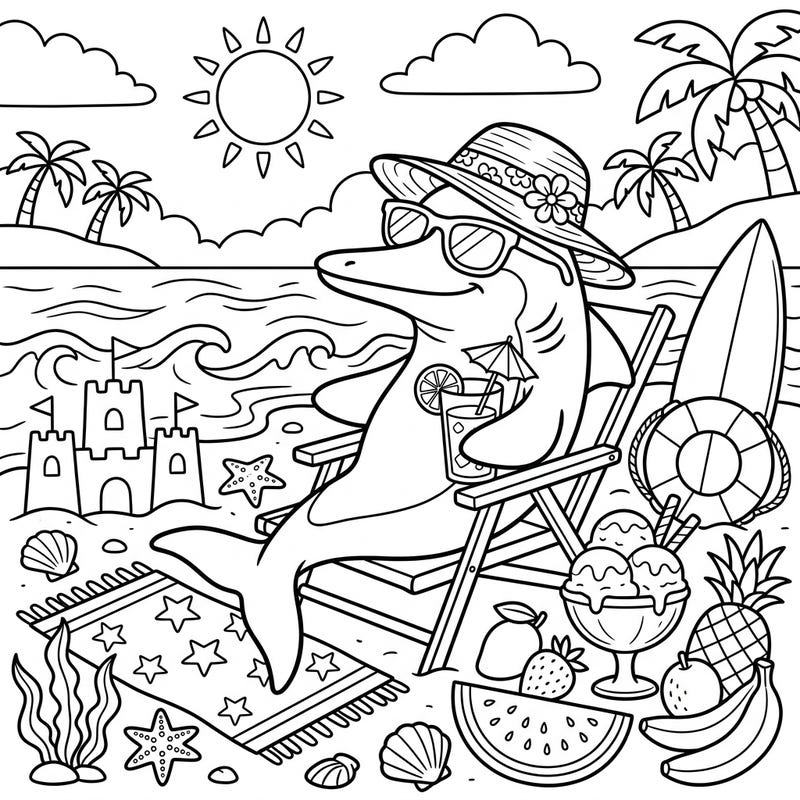 Dive into a fun summer vacation with our unique Ichthyosaurus coloring page! This cool prehistoric creature is ready for a relaxing beach day, complete with refreshing drinks and tasty treats.
