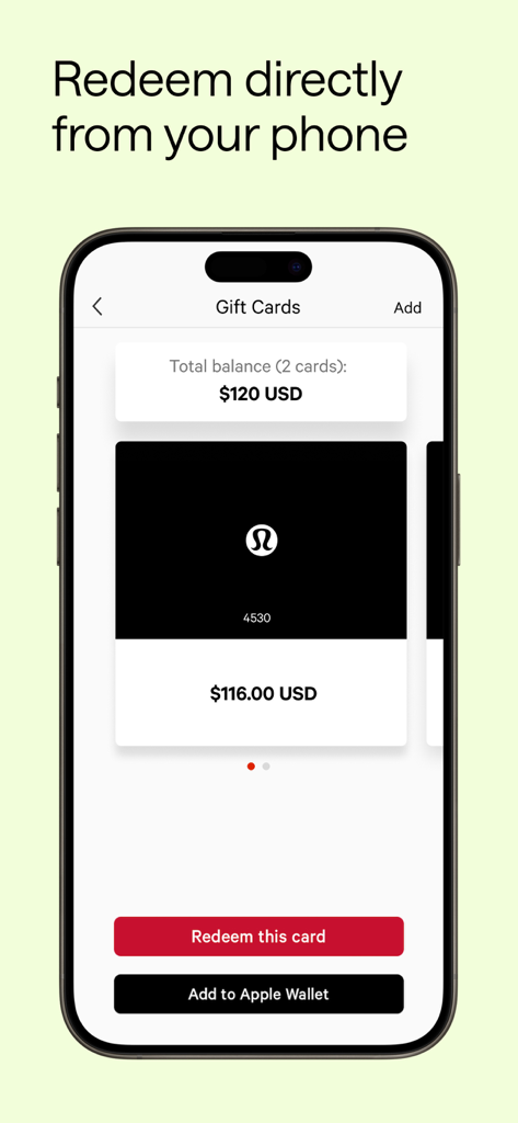 lululemon - Lululemon app screen for managing and redeeming gift cards directly from a phone