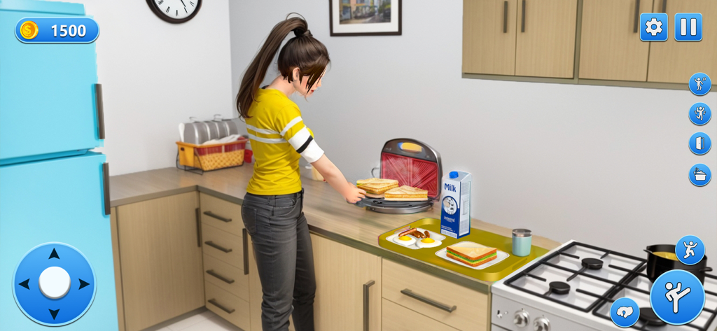 High School Teacher Life Sim - A female character preparing breakfast in a kitchen from the High School Teacher Life Sim game.