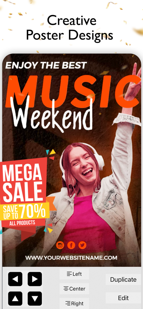 編集ツールを備えた、音楽イベントやメガセールのクリエイティブなポスターデザインを示すモバイルアプリのインターフェース。