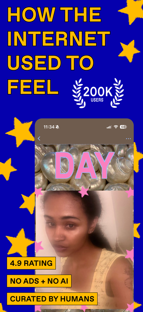 Promotional screenshot for FYI app with text stating it is curated by humans and has no ads or AI