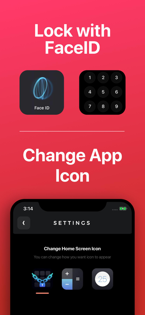 Locker app interface showing FaceID security options and settings to change the app icon to a calculator for privacy