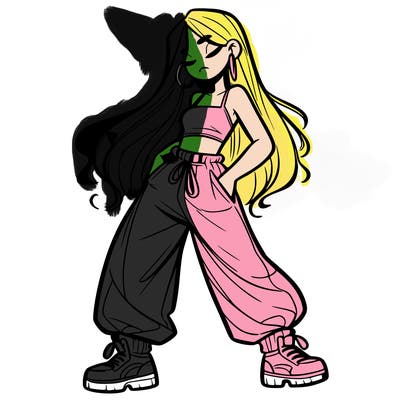 girl in baggy pants crop top and long hair