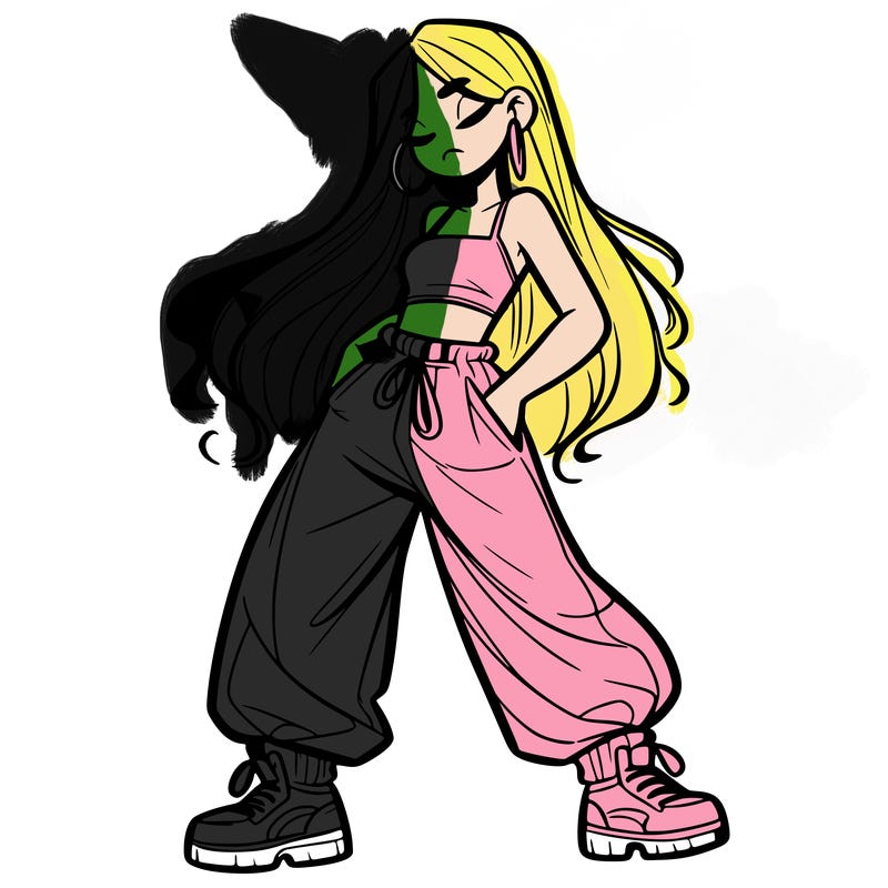 girl in baggy pants crop top and long hair