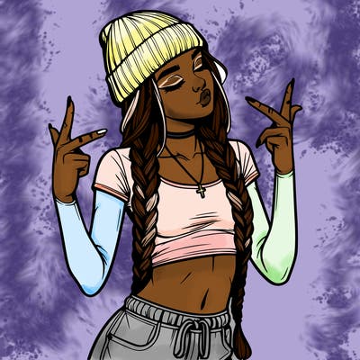 realistic teenage girl with braids and a beanie and crop top doing 🫶🏼