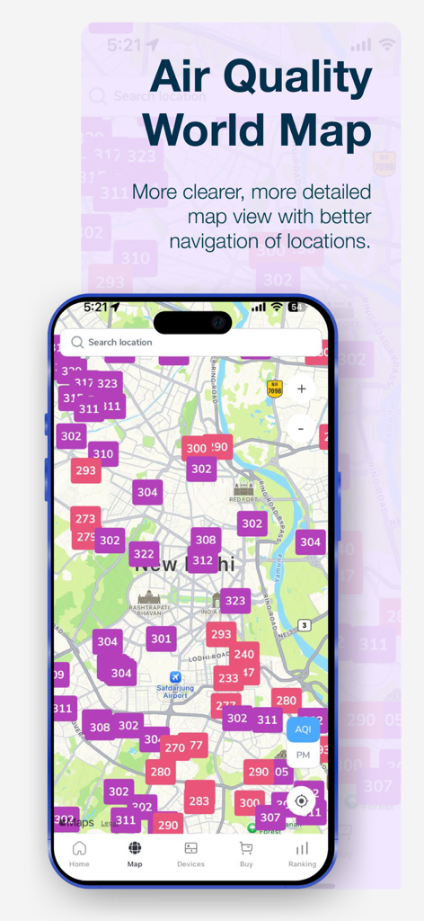 A mobile phone displaying a detailed air quality index world map with real-time pollutant levels in different city areas.