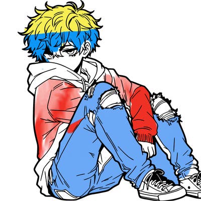 a male hoddie ripped jeans messy hair anime