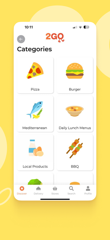 2GO Local Food Delivery - Interfaz de la aplicación móvil 2GO Local Food Delivery mostrando categorías de comida como pizza, hamburguesas y productos locales