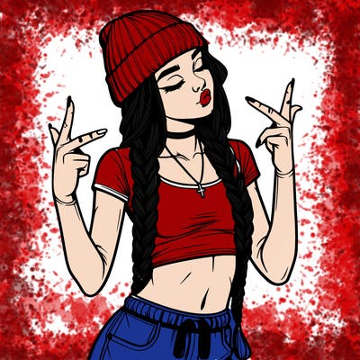 realistic teenage girl with braids and a beanie and crop top doing 🫶🏼