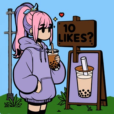 girl with oversized hoodie drinking boba and she has a high ponytail with a sign that says 10likes?