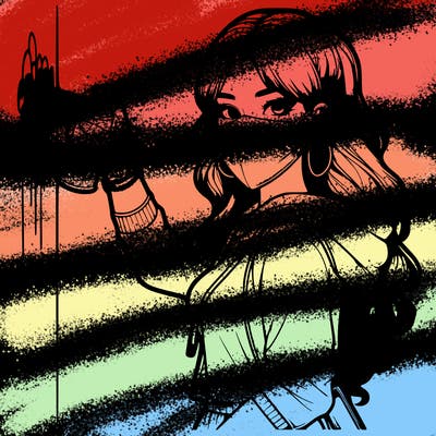 realistic girl with mask spray painting a wall