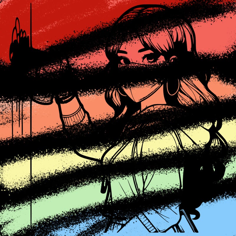 realistic girl with mask spray painting a wall