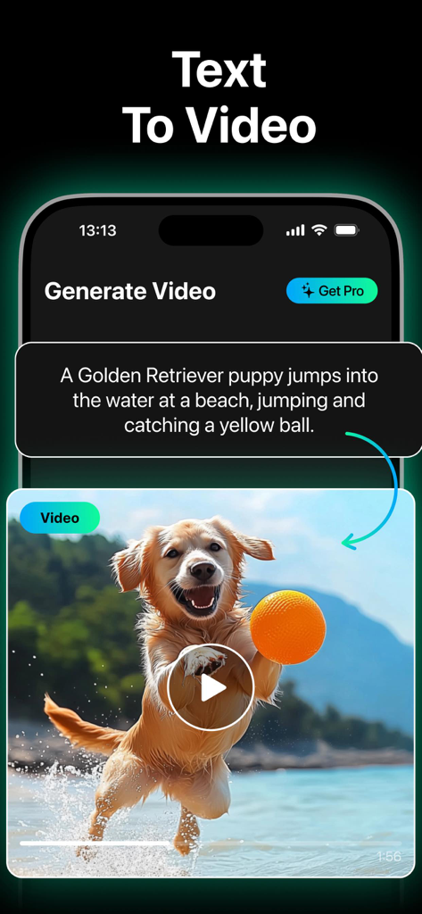 AI Video Generator app interface with text to video prompt of a puppy at the beach