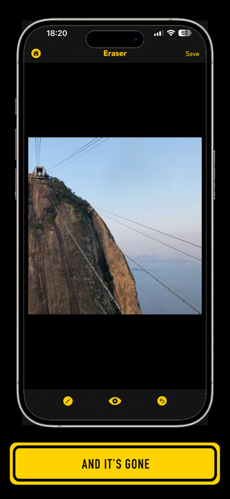 Lama fiXing 앱 인터페이스가 AI 객체 제거 도구와 배너가 있는 산 풍경을 보여주며 '그리고 사라졌습니다'라고 표시합니다.