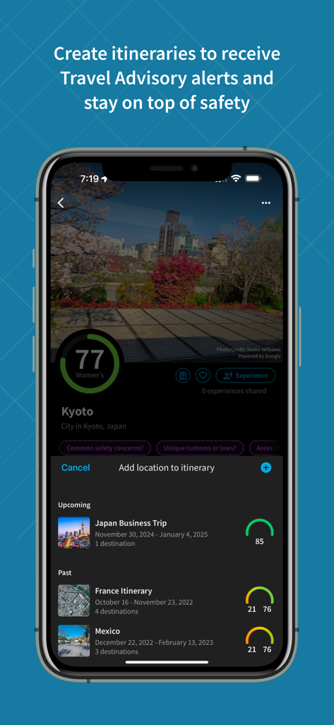 Smartphone-Bildschirm, der die Reiseplanfunktion der GeoSure-App mit Sicherheitsbewertungen für verschiedene Reiseziele wie Kyoto und Frankreich zeigt