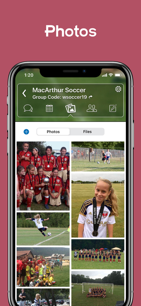 TeamReach – Your Team App - Screenshot of the TeamReach app displaying a photo gallery for a youth soccer team